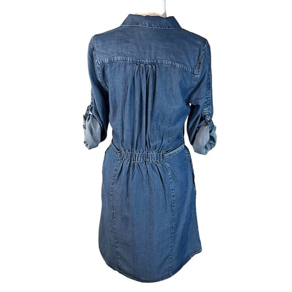 Velvet Heart Denim Shirt Dress Medium Blue Tencel Roll Tab Sleeve Belted Csual - Picture 2 of 9